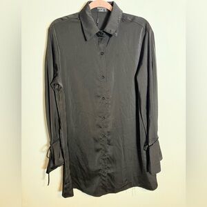 White Fox Black Satin Button Down Blouse Tie Sleeve Minimal Chic Top
